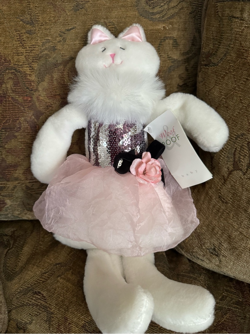 White Plush Kitty Doll in Pink Sequin Dress